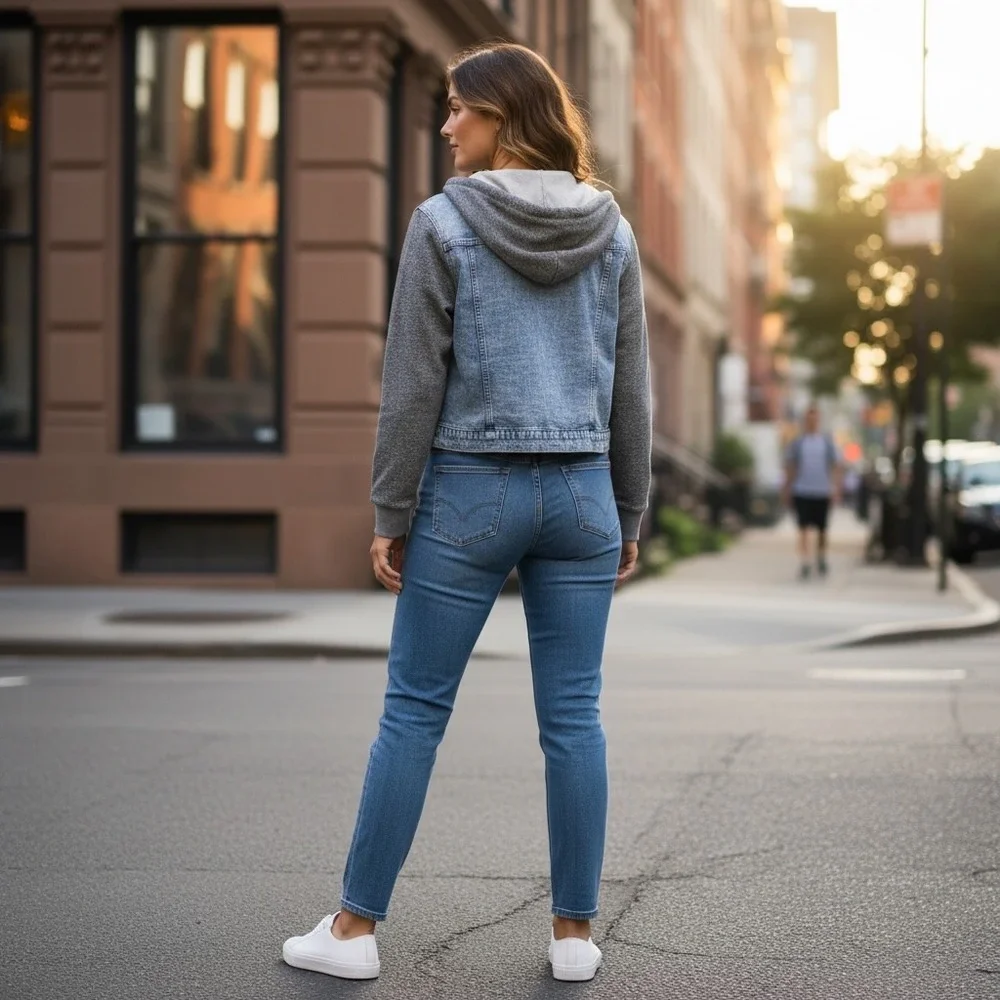 Maurices Hooded Denim Jacket Womens M Medium Blue Gray Mixed Media Trucker